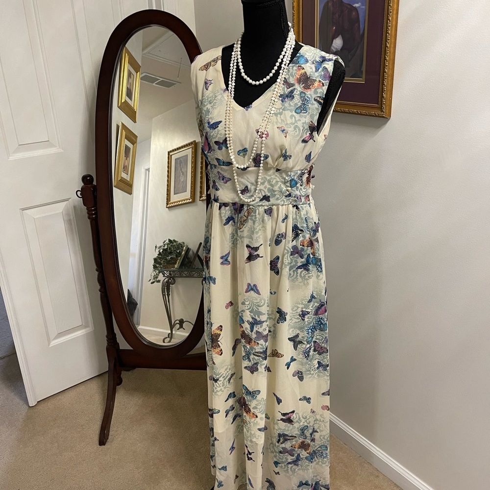 Floral A-line tea length sundress.